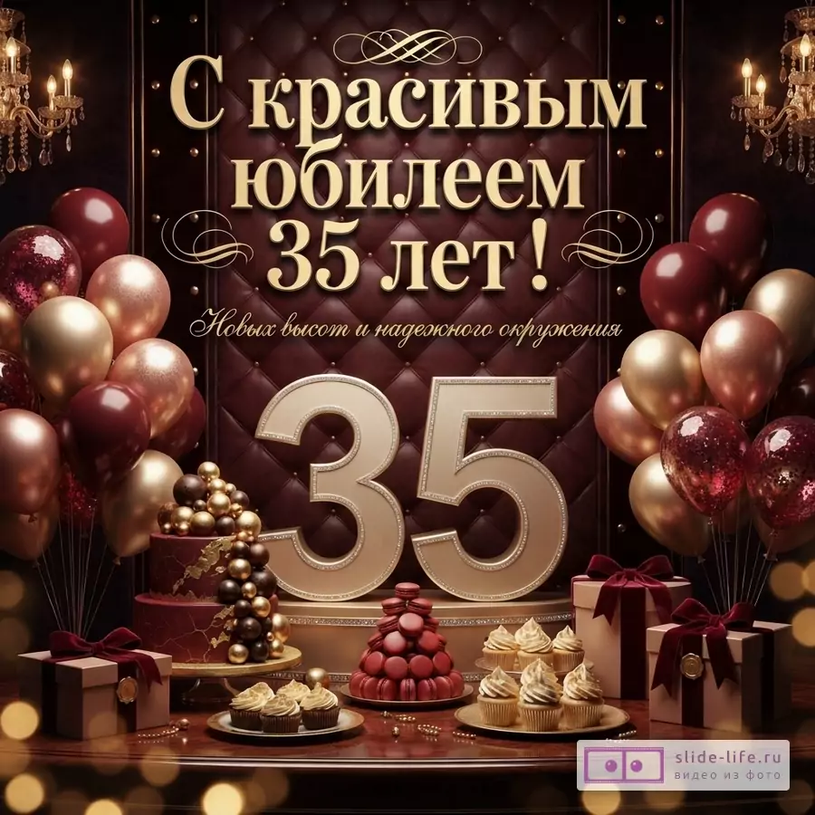 Объемная цифра 35 на фоне стеганой бордовой стены с воздушными шарами, праздничным тортом, капкейками и надписью «С красивым юбилеем 35 лет!»