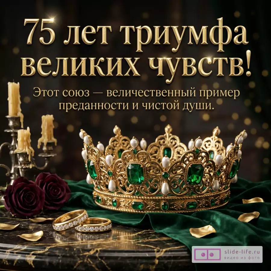 Золотая корона с изумрудами на зеленом бархате, кольца и надпись «75 лет триумфа великих чувств! Этот союз — величественный пример преданности и чистой души.»