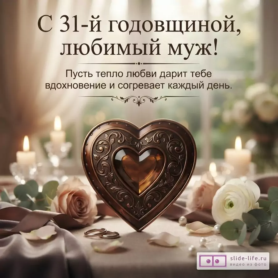 Теплый размытый фон, в центре коричневое сердце с узором, свечи, розы, кольца, текст «С 31-й годовщиной, любимый муж! Пусть тепло любви дарит тебе вдохновение и согревает каждый день.»
