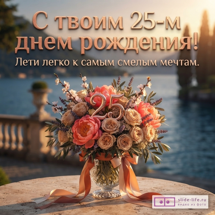 Ваза с букетом пионов и роз с цифрой 25 на фоне озера и надпись «С твоим 25-м днем рождения! Лети легко к самым смелым мечтам.»