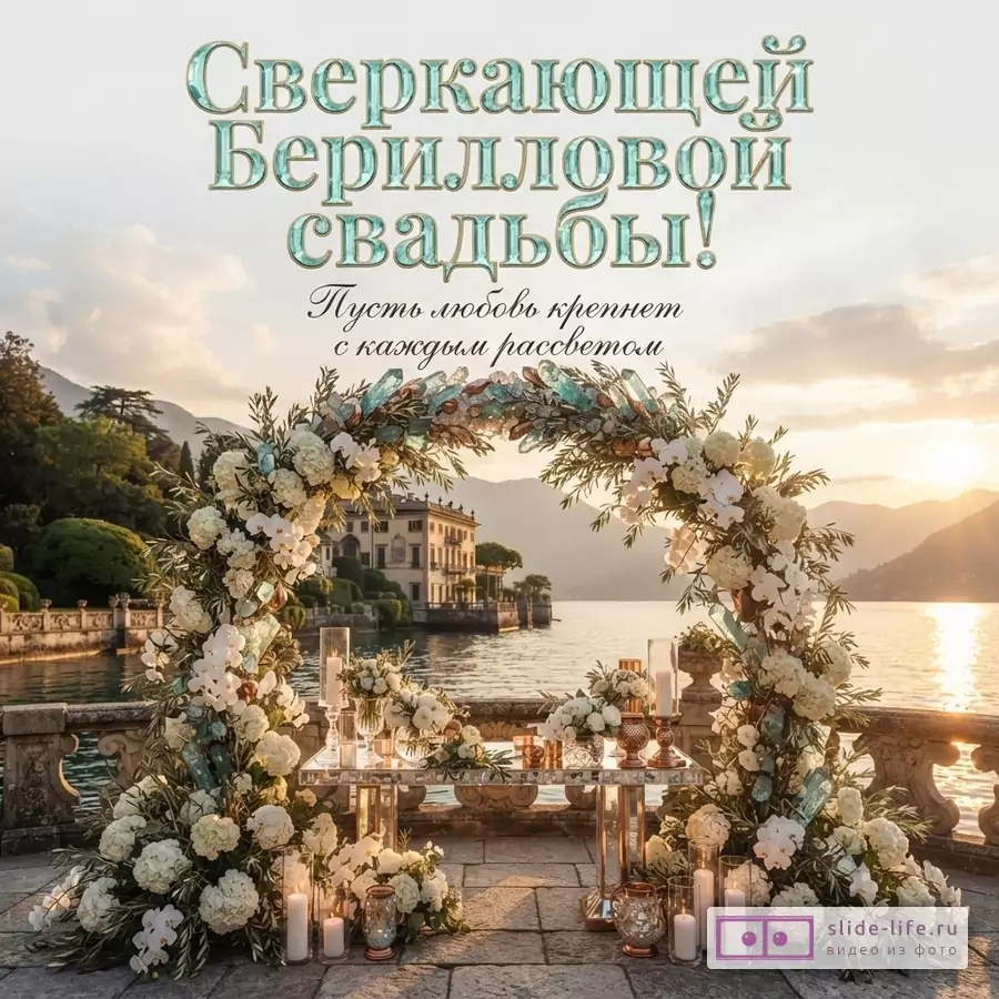 Свадебная цветочная арка со свечами на террасе у озера на фоне гор с надписью «Сверкающей Берилловой свадьбы! Пусть любовь крепнет каждым рассветом.»