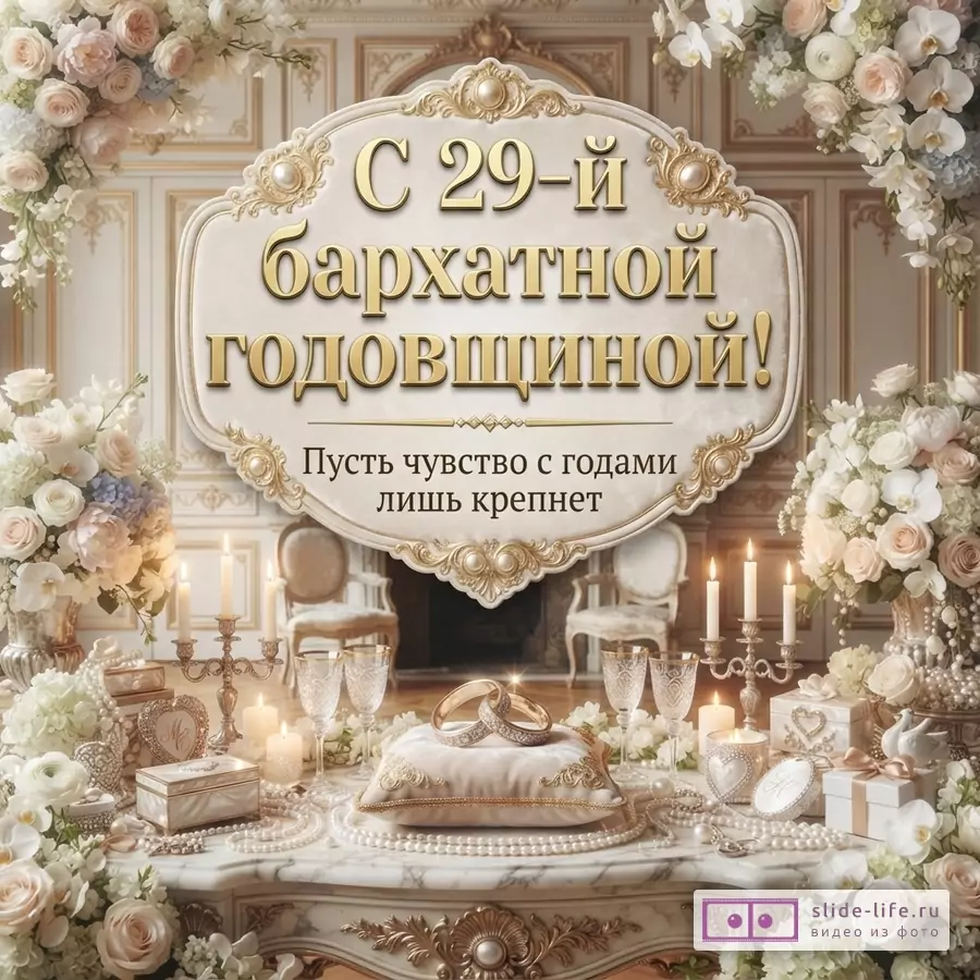 Бежево-золотая открытка с орнаментальной рамкой, цветами, свечами, кольцами и текстом «С 29-й бархатной годовщиной! Пусть чувство с годами лишь крепнет.»