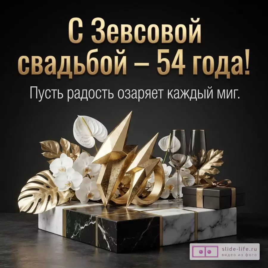 Темный фон, золотой текст «С Зевсовой свадьбой – 54 года!», белая строка «Пусть радость озаряет каждый миг.», золотые декоративные элементы, белые цветы, бокалы, подарочная коробка.