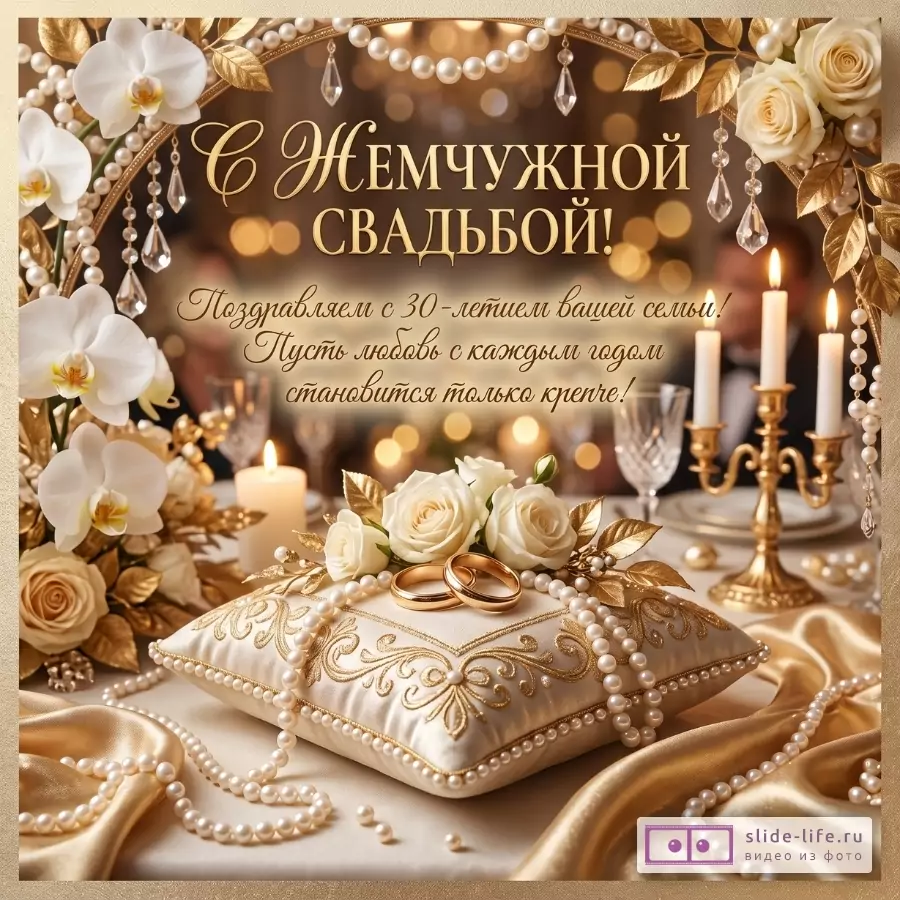 Золотисто-бежевый фон, розы, орхидеи, свечи, жемчужные бусы и кольца. Текст: «С Жемчужной свадьбой! Поздравляем с 30-летием вашей семьи! Пусть любовь с каждым годом становится только крепче!»