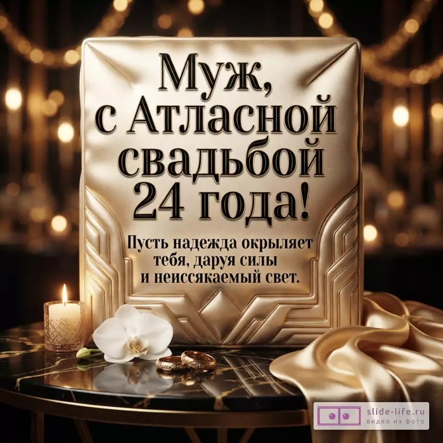 Золотистая атласная подушка с текстом «Муж, с Атласной свадьбой 24 года! Пусть надежда окрыляет тебя, даруя силы и неиссякаемый свет», рядом свеча, орхидея и кольца.