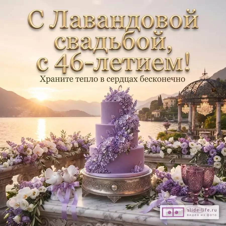 Фон заката над озером с горами, на переднем плане стол с фиолетовым тортом, цветами и бокалами. Текст: «С Лавандовой свадьбой, с 46-летием! Храните тепло в сердцах бесконечно»