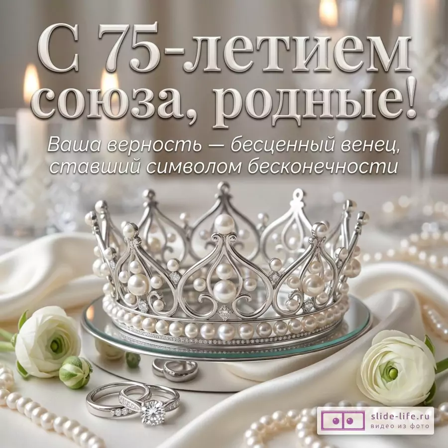 Серебряная корона с жемчугом, кольца и белые цветы на светлом фоне со свечами и текстом «С 75-летием союза, родные! Ваша верность — бесценный венец, ставший символом бесконечности».
