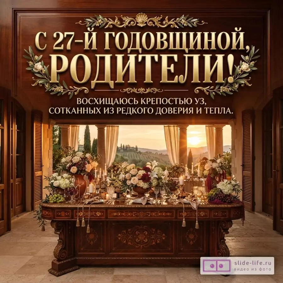 Фон из темного дерева, украшенный золотыми узорами. На фоне текста «С 27-Й ГОДОВЩИНОЙ, РОДИТЕЛИ! ВОСХИЩАЮСЬ КРЕПОСТЬЮ УЗ, СОТКАННЫХ ИЗ РЕДКОГО ДОВЕРИЯ И ТЕПЛА.». Внизу изображение праздничного стола с цветами и свечами на фоне заката.