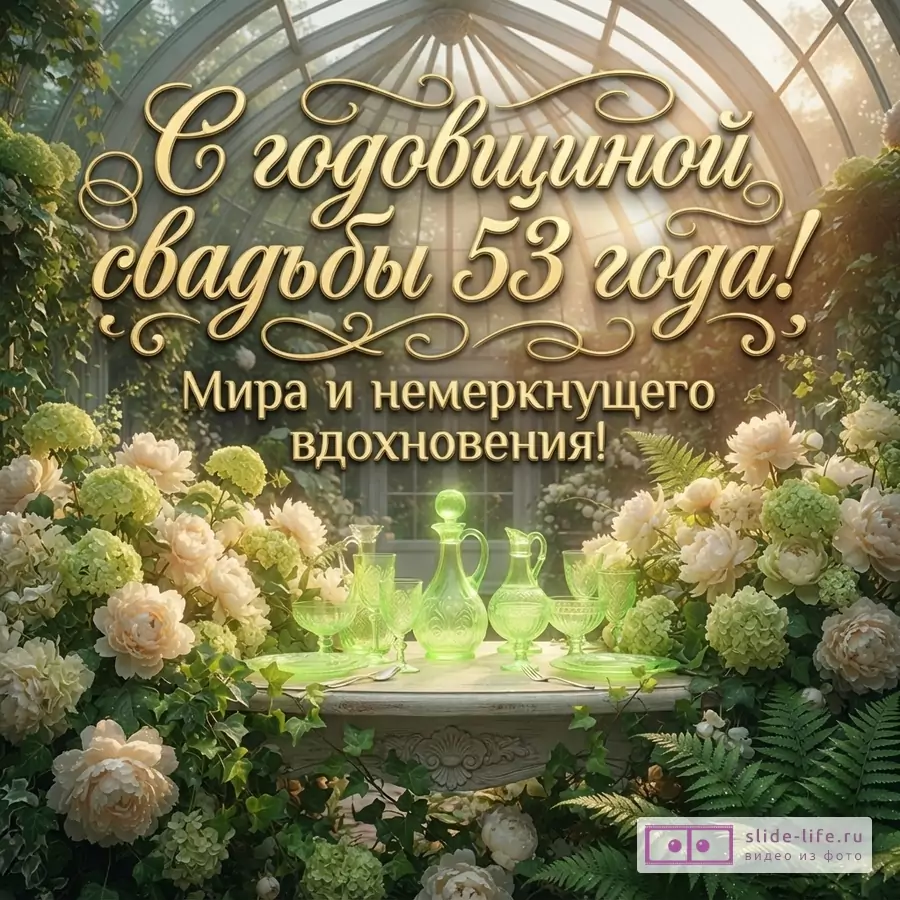 Открытка с золотым текстом на фоне оранжереи с цветами и сервированным столом. Текст: «С годовщиной свадьбы 53 года! Мира и немеркнущего вдохновения!»
