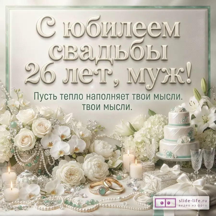 Бежевый фон, объемная надпись «С юбилеем свадьбы 26 лет, муж!», зеленый текст «Пусть тепло наполняет твои мысли. твои мысли.», цветы, свечи, кольца, торт и подарочные коробки.