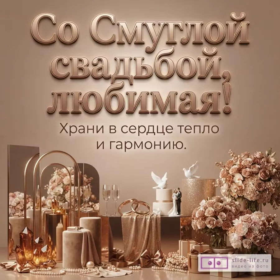 Бежево-золотая открытка с объемным текстом «Со Смуглой свадьбой, любимая! Храни в сердце тепло и гармонию.», цветами, кольцами, подарками и голубями.