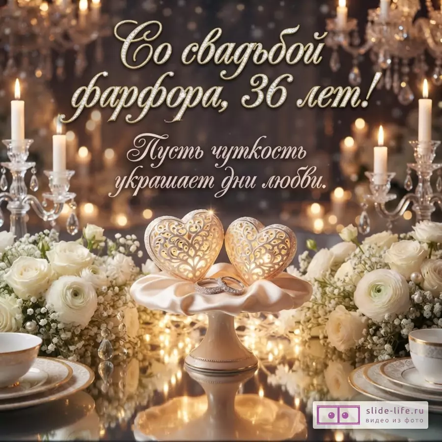 Фон темный, размытые огни, свечи. В центре два золотых сердца, обручальные кольца, белые цветы. Текст «Со свадьбой фарфора, 36 лет! Пусть чуткость украшает дни любви.»