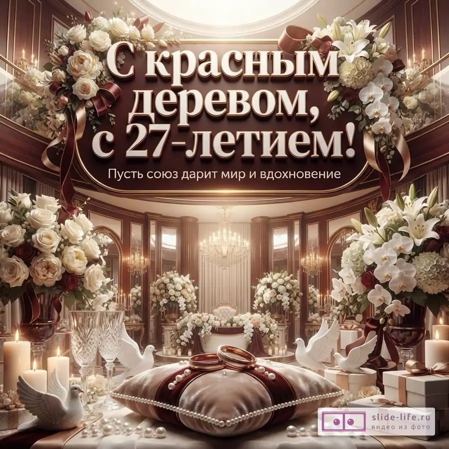 Открытка с годовщиной свадьбы, фон банкетного зала, белые и красные цветы, свечи, обручальные кольца на подушечке. Текст «С красным деревом, с 27-летием! Пусть союз дарит мир и вдохновение»
