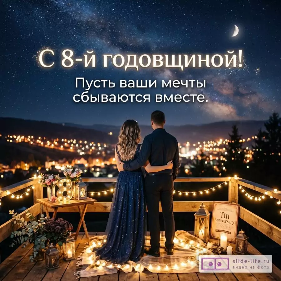 Темно-синий звездный фон, супруги на террасе с гирляндами, свечами и цифрой 8, огни города. Текст: «С 8-й годовщиной! Пусть ваши мечты сбываются вместе.», «Tin Anniversary»
