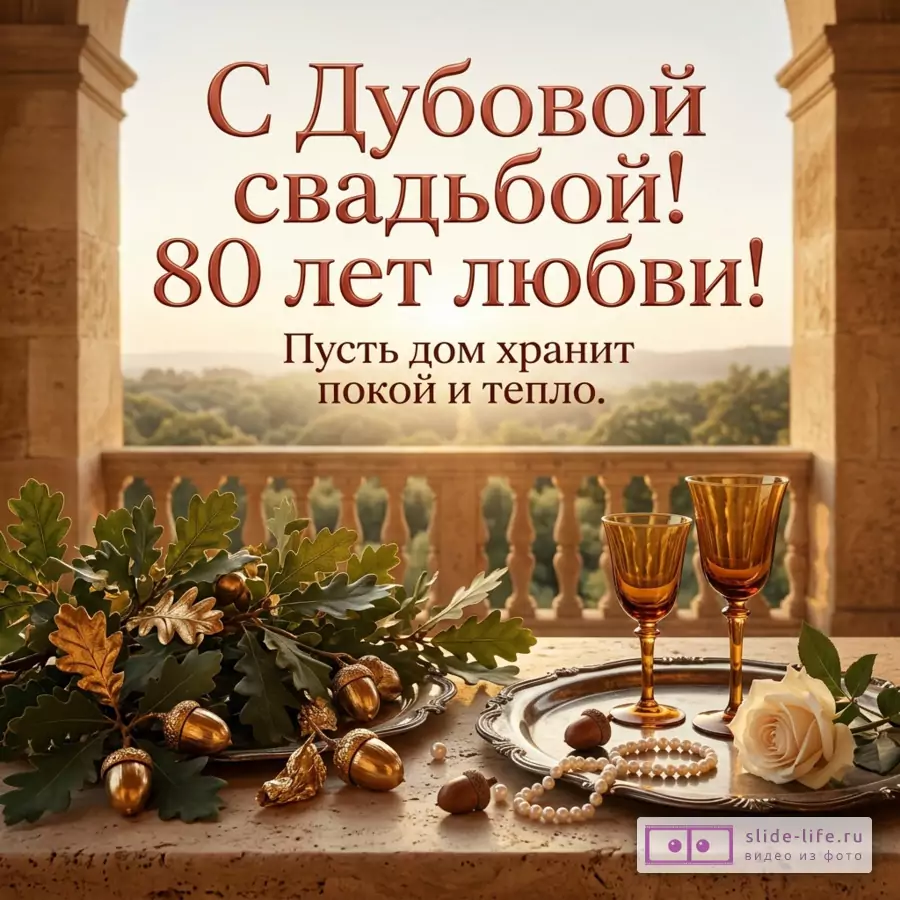 Открытка с текстом «С Дубовой свадьбой! 80 лет любви! Пусть дом хранит покой и тепло.» На тёмном фоне с дубовыми листьями, желудями, розами и золотыми бокалами.