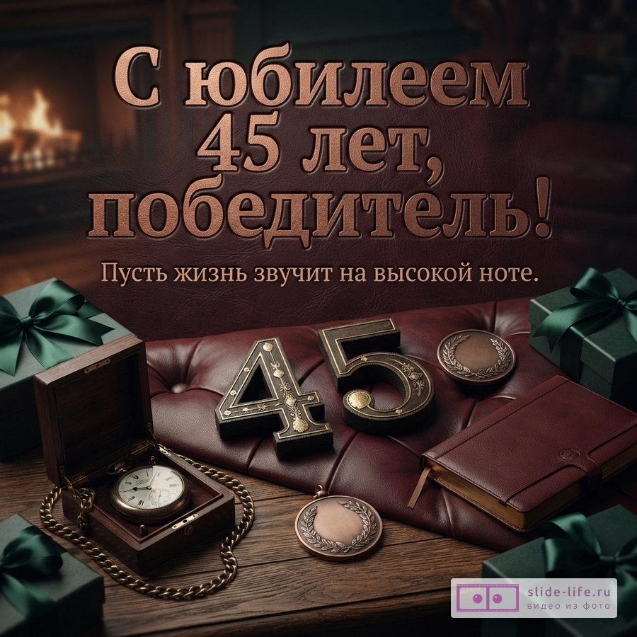 Открытка с коричневым фоном, камином, подарками, часами, блокнотом и цифрами «45». Текст «С юбилеем 45 лет, победитель! Пусть жизнь звучит на высокой ноте.»