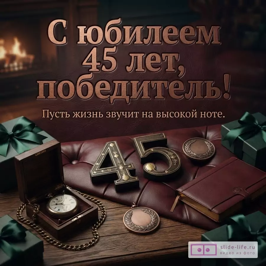 Открытка с коричневым фоном, камином, подарками, часами, блокнотом и цифрами «45». Текст «С юбилеем 45 лет, победитель! Пусть жизнь звучит на высокой ноте.»