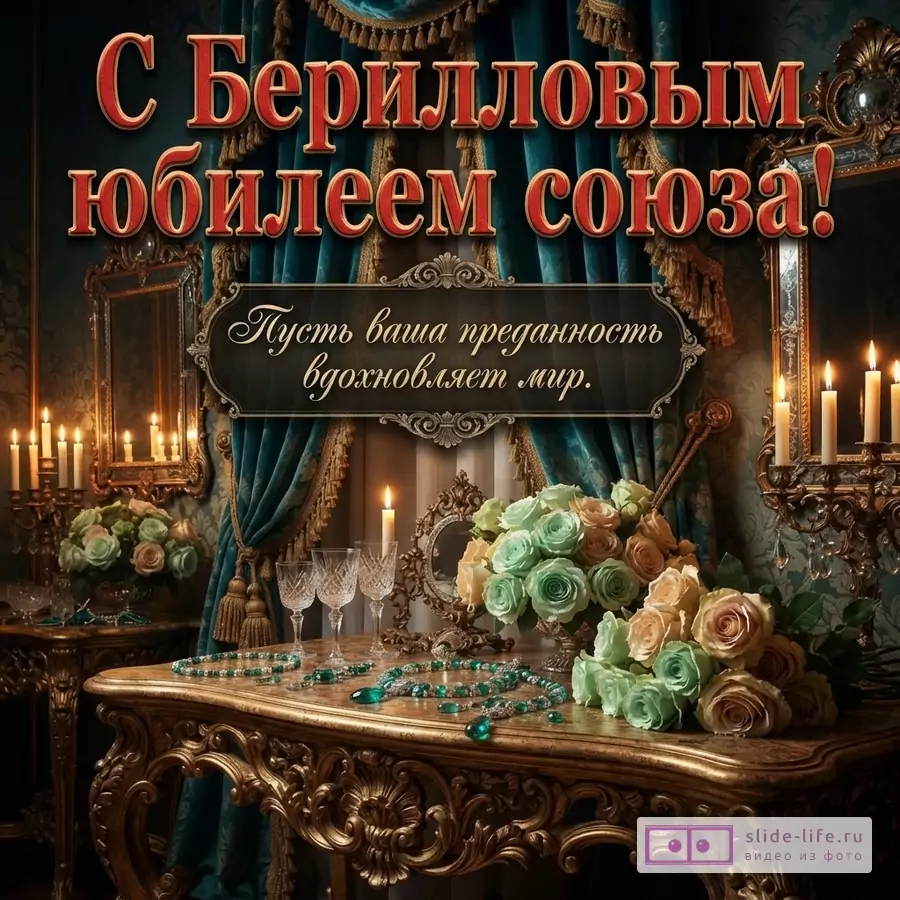 Интерьер в классическом стиле с бирюзовыми шторами, свечами, розами и украшениями, надпись: «С Берилловым юбилеем союза! Пусть ваша преданность вдохновляет мир.»