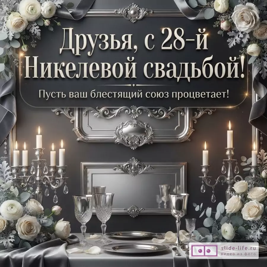 Темно-серый фон, украшенный серебристыми рамками, цветами и лентами. В центре надпись: «Друзья, с 28-й Никелевой свадьбой! Пусть ваш блестящий союз процветает!»