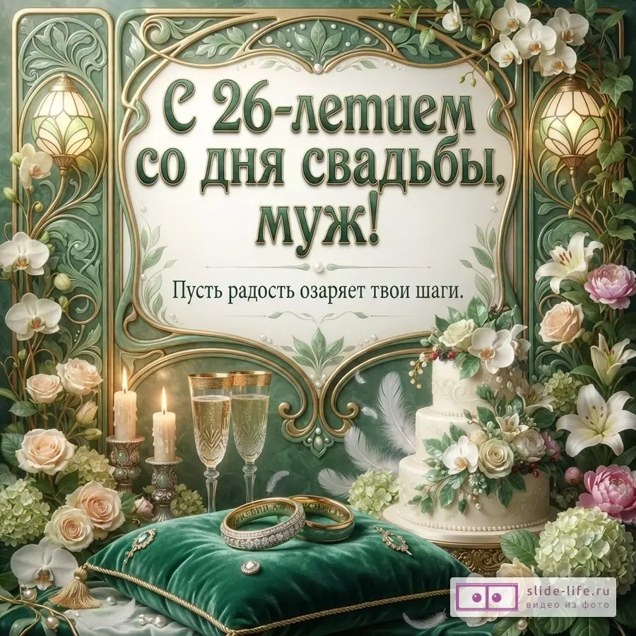 Зелёно-золотая открытка с белой рамкой, цветами, свечами, бокалами, тортом и кольцами. Текст: «С 26-летием со дня свадьбы, муж! Пусть радость озаряет твои шаги.»