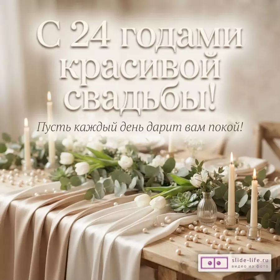 Праздничный стол с бежевой атласной тканью, белыми тюльпанами, свечами, жемчугом и надписью «С 24 годами красивой свадьбы! Пусть каждый день дарит вам покой!».