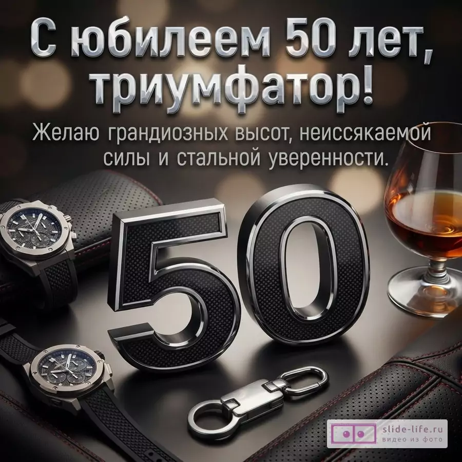 Стильная открытка на юбилей 50 лет мужчине со словами триумфатору