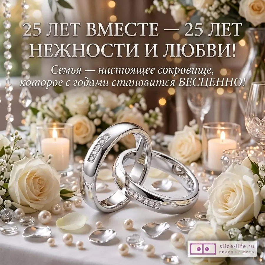 Светлый бежево-белый фон, серебряные обручальные кольца, белые розы, свечи и жемчуг. Текст: «25 ЛЕТ ВМЕСТЕ — 25 ЛЕТ НЕЖНОСТИ И ЛЮБВИ! Семья — настоящее сокровище, которое с годами становится БЕСЦЕННО!»