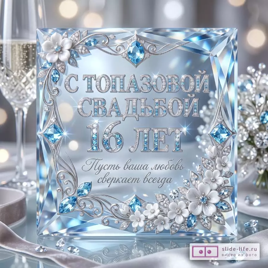 Хрустальная открытка в голубо-серебристых тонах с цветочным обрамлением из кристаллов и надписью «С ТОПАЗОВОЙ СВАДЬБОЙ 16 ЛЕТ», ниже «Пусть ваша любовь сверкает всегда».