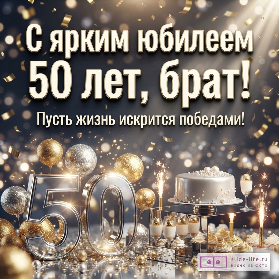 Темный фон с золотым конфетти, надпись «С ярким юбилеем 50 лет, брат! Пусть жизнь искрится победами!», объемные цифры 50, торт, шампанское, кексы, шары
