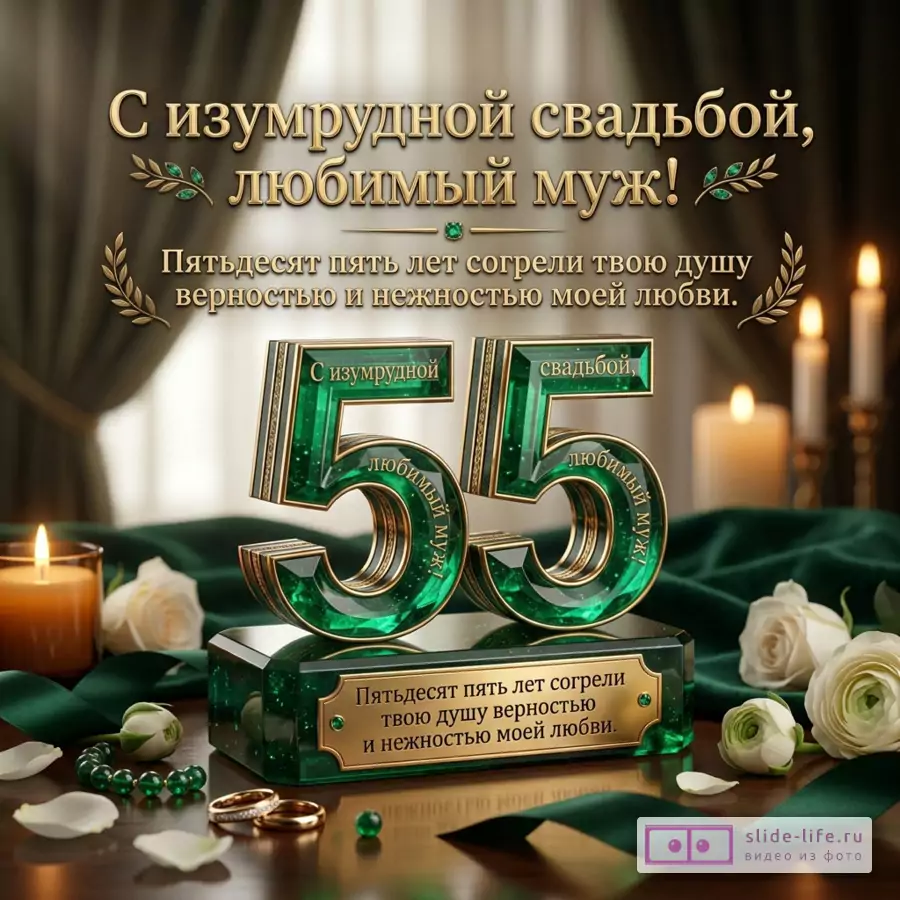 Открытка с темно-зеленым и золотым оформлением, свечи, белые розы, обручальные кольца, изумрудные цифры 55, текст «С изумрудной свадьбой, любимый муж!» и «Пятьдесят пять лет согрели твою душу верностью и нежностью моей любви.»