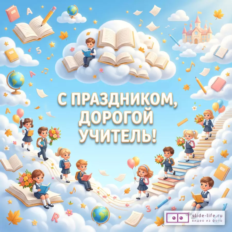Облака знаний — красивая открытка с Днём учителя 5 октября