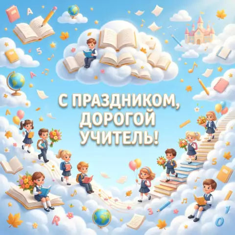Облака знаний — красивая открытка с Днём учителя 5 октября