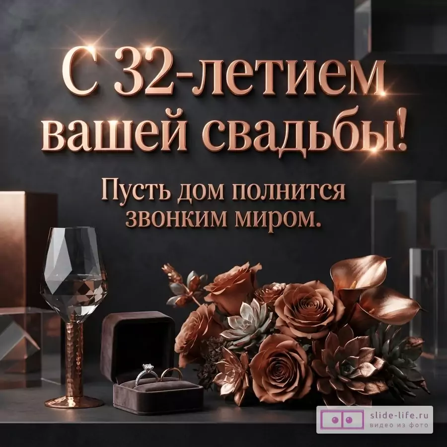 Темно-серый фон, золотисто-медные буквы, бокал, открытая коробочка с кольцами, букет из роз и калл. Текст: «С 32-летием вашей свадьбы! Пусть дом полнится звонким миром.»
