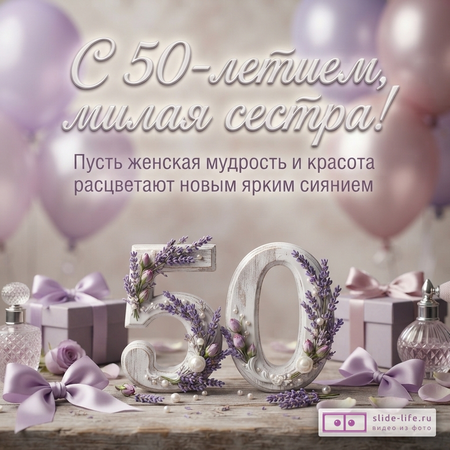Фон светлый, размытые сиреневые и розовые шары. В центре надпись «С 50-летием, милая сестра! Пусть женская мудрость и красота расцветают новым ярким сиянием». Внизу деревянные цифры 50, украшенные лавандой и жемчугом. Рядом сиреневые бантики, подарочные коробки, флаконы духов.