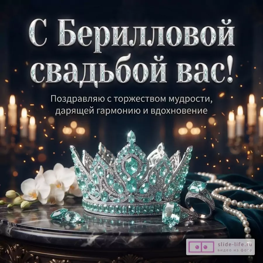 Корона и кольца с бирюзовыми бериллами, жемчуг и орхидеи на мраморном столе со свечами и надписью «С Берилловой свадьбой вас! Поздравляю с торжеством мудрости, дарящей гармонию и вдохновение».