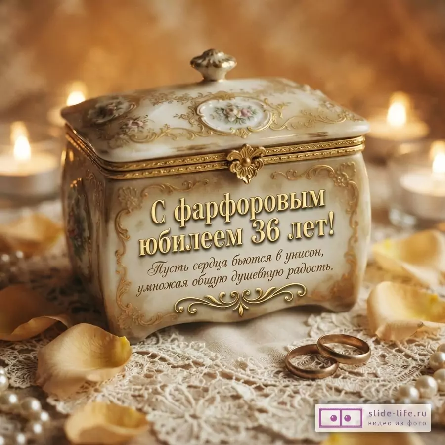 Фарфоровая шкатулка с золотым декором на кружевной салфетке, на фоне свечи и лепестков роз. Текст: «С фарфоровым юбилеем 36 лет! Пусть сердца бьются в унисон, умножая общую душевную радость.»