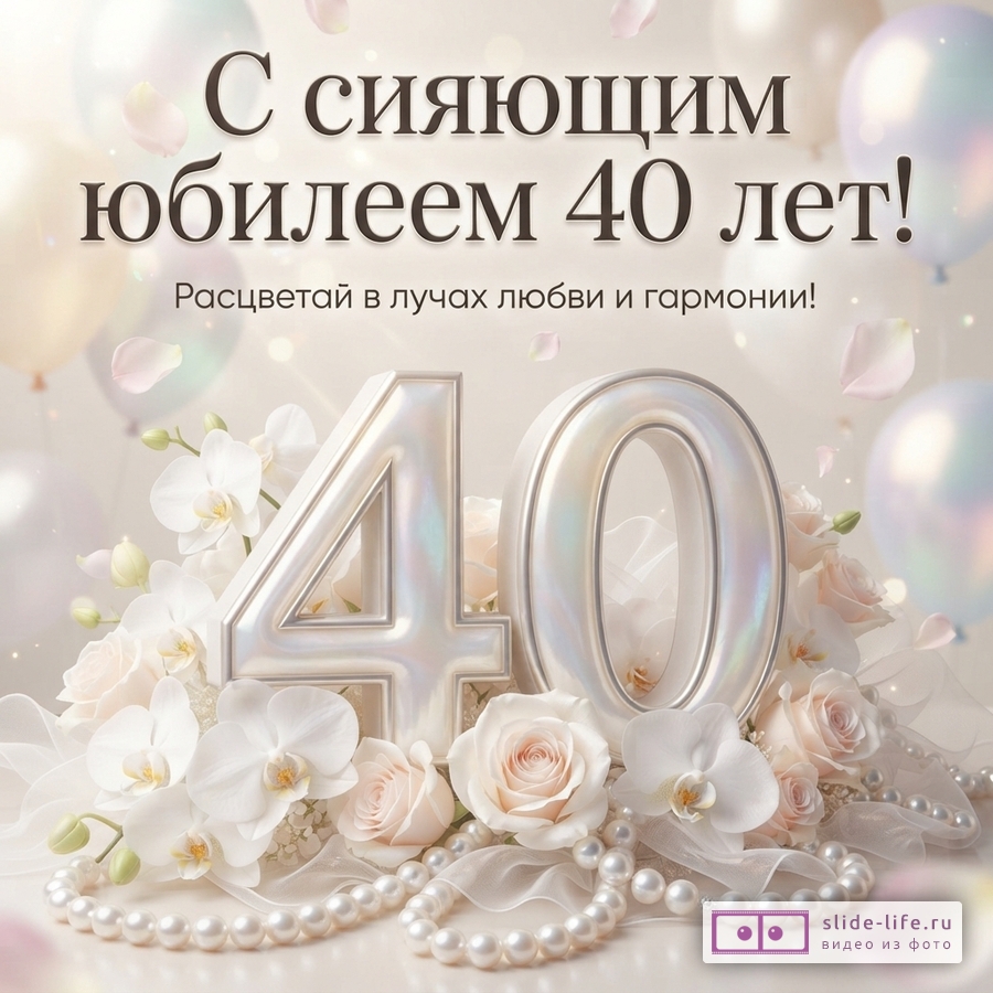 Открытка с бежевым фоном, воздушными шарами и лепестками. В центре крупные перламутровые цифры «40», окруженные белыми орхидеями, розовыми розами и жемчужными бусами. Текст: «С сияющим юбилеем 40 лет! Расцветай в лучах любви и гармонии!»