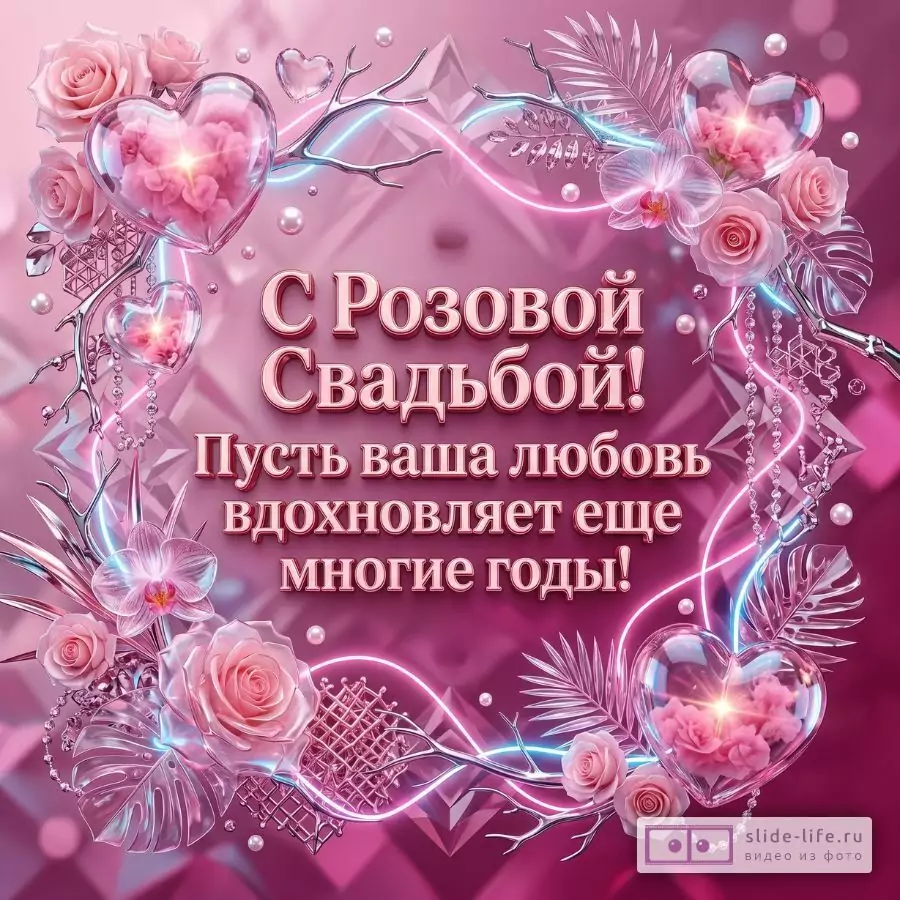 Розовый и малиновый фон, стеклянные сердца, розы, орхидеи, жемчужины и светящиеся линии. Текст «С Розовой Свадьбой! Пусть ваша любовь вдохновляет еще многие годы!»