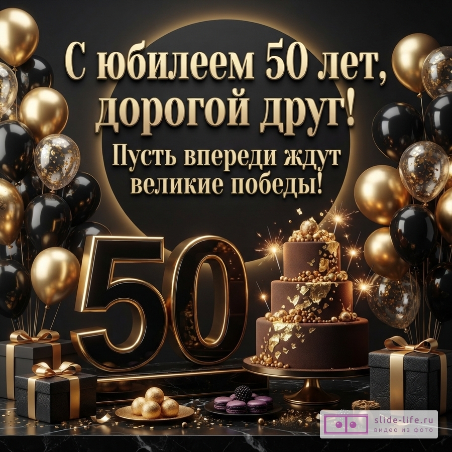 Черно-золотая открытка с черным фоном, золотыми и черными шарами, подарками, тортом и цифрой «50». Текст: «С юбилеем 50 лет, дорогой друг! Пусть впереди ждут великие победы!»