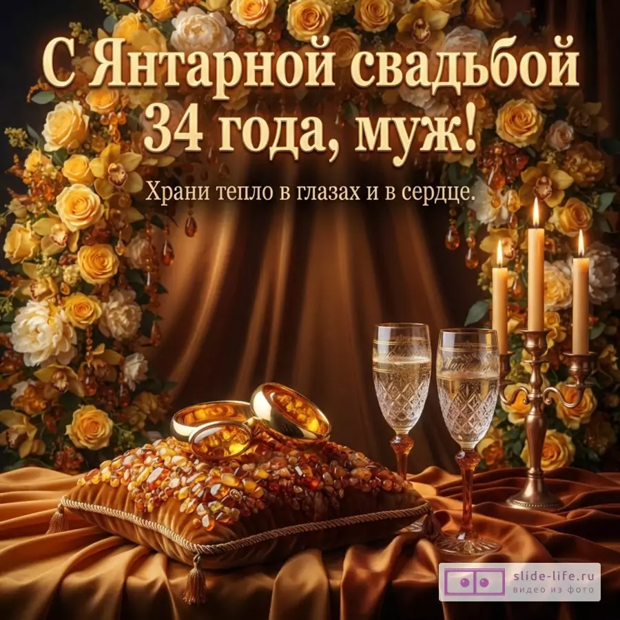 Открытка с янтарной свадьбой, фон из желтых роз и орхидей, в центре надпись «С Янтарной свадьбой 34 года, муж! Храни тепло в глазах и в сердце», снизу подушка с янтарем и кольцами, два бокала шампанского, свечи.