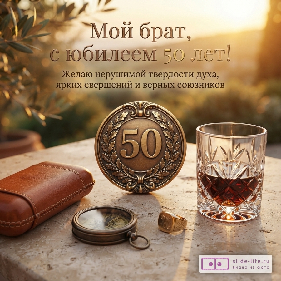 Открытка с фоном заката, оливковой веткой, на переднем плане медальон с цифрой «50», стакан виски, компас, кожаный чехол, кольцо. Текст: «Мой брат, с юбилеем 50 лет! Желаю нерушимой твердости духа, ярких свершений и верных союзников»