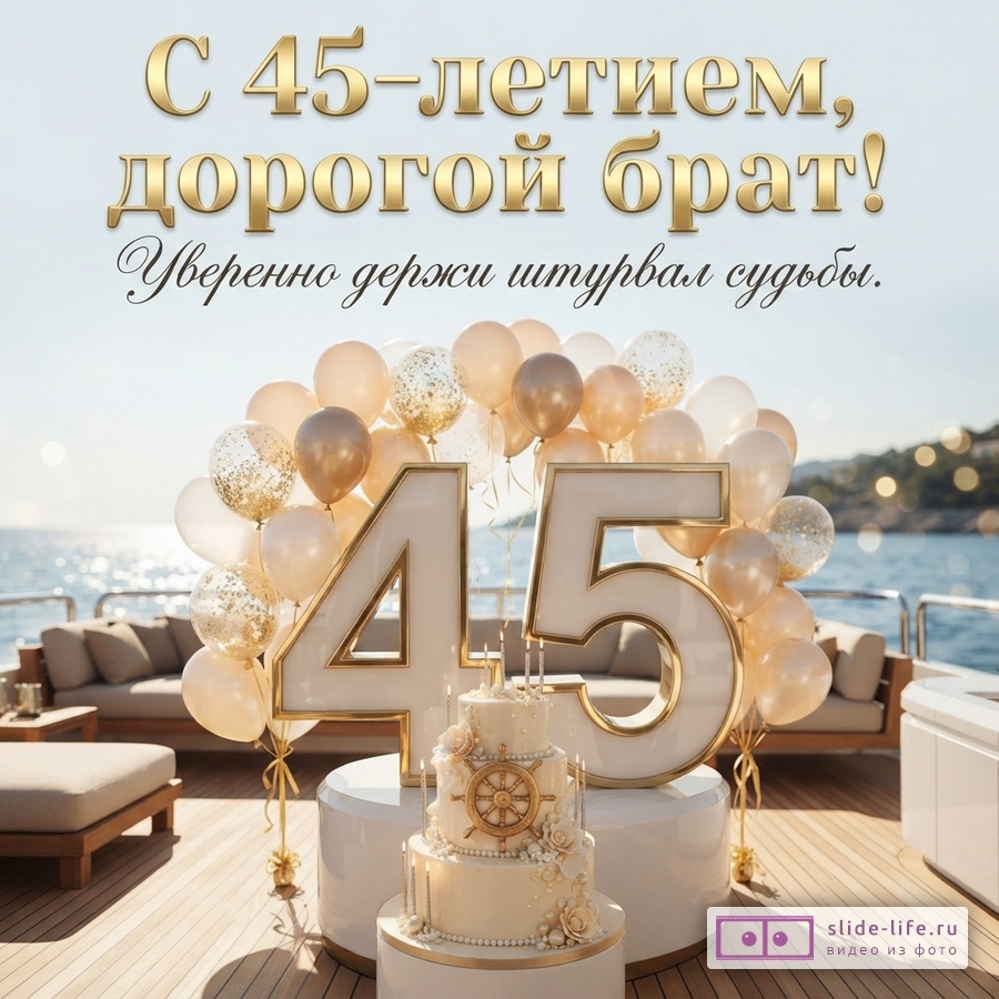 Открытка с золотыми буквами на светлом фоне. На открытке текст: «С 45-летием, дорогой брат! Уверенно держи штурвал судьбы.»