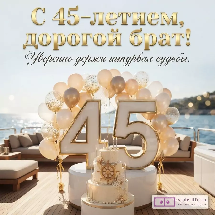 Открытка с золотыми буквами на светлом фоне. На открытке текст: «С 45-летием, дорогой брат! Уверенно держи штурвал судьбы.»