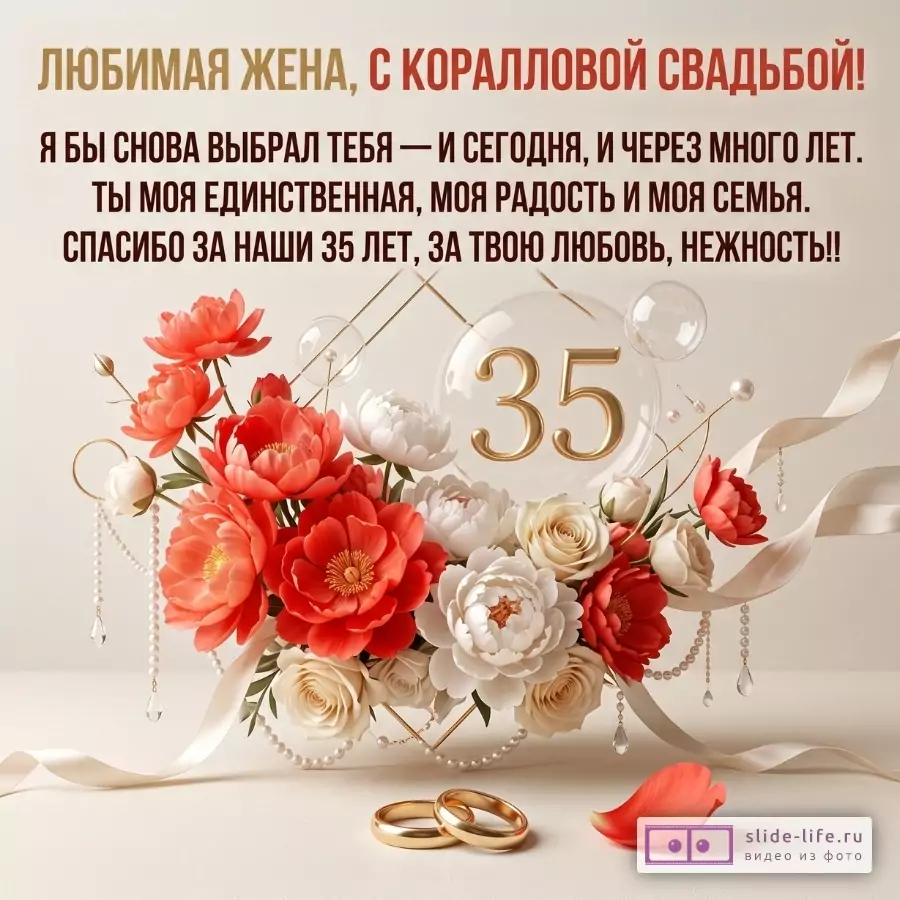 Бежевый фон, букет коралловых, красных и белых цветов, прозрачный шар с «35», золотые кольца. Текст: «ЛЮБИМАЯ ЖЕНА, С КОРАЛЛОВОЙ СВАДЬБОЙ!»