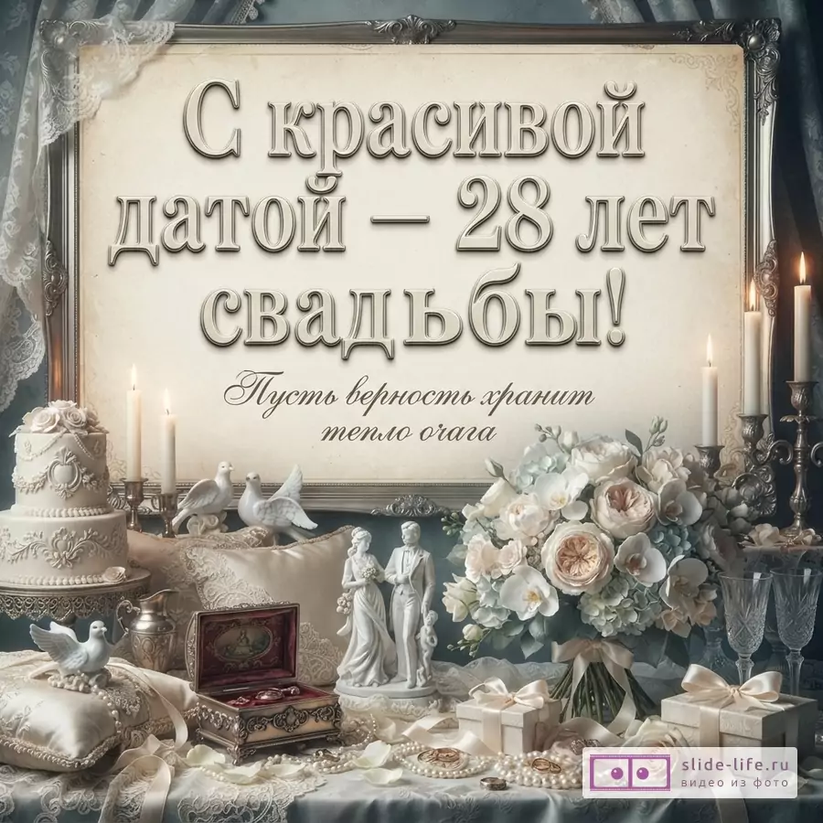 Открытка с рамкой, свечами, свадебным тортом, букетом цветов, статуэтками жениха и невесты, шкатулкой с кольцами. Текст: «С красивой датой — 28 лет свадьбы! Пусть верность хранит тепло очага»