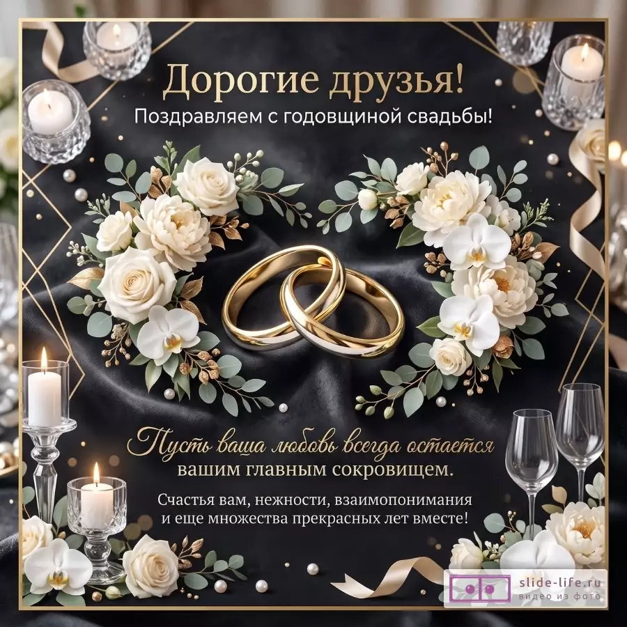 Черный фон с золотым декором, белыми цветами, свечами, бокалами и обручальными кольцами. Текст: «Дорогие друзья! Поздравляем с годовщиной свадьбы!»