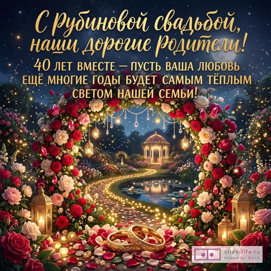 Темно-синий фон, цветочная арка с розами, свечными фонарями и кольцами. Текст: «С рубиновой свадьбой, наши дорогие родители! 40 лет вместе — пусть ваша любовь ещё многие годы будет самым тёплым светом нашей семьи!»