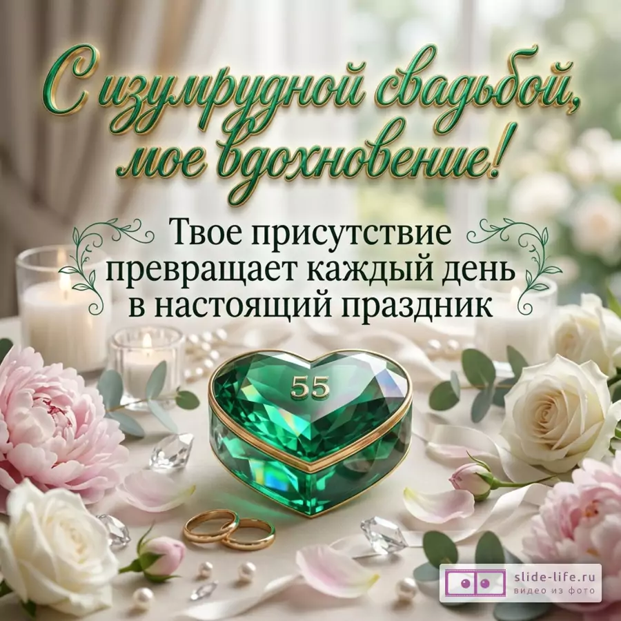 Открытка с текстом «С изумрудной свадьбой, мое вдохновение! Твое присутствие превращает каждый день в настоящий праздник», бело-бежевый фон, зеленое сердце с числом «55», свечи, кольца, белые розы, розовые пионы, лепестки, жемчуг