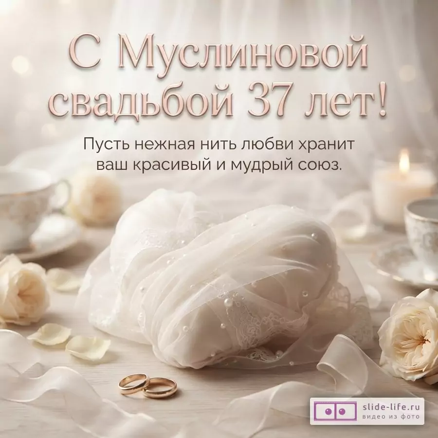 Бежевый фон, сверху текст розового цвета «С Муслиновой свадьбой 37 лет!». Ниже текст коричневого цвета «Пусть нежная нить любви хранит ваш красивый и мудрый союз.». В центре белая муслиновая ткань с жемчугом, две золотые обручальные кольца, белые розы, лепестки, лента, чашки и свеча.