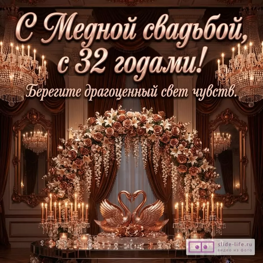 Фон коричневый, золотистый. В центре арка из цветов, два золотых лебедя, свечи. Текст: «С Медной свадьбой, с 32 годами! Берегите драгоценный свет чувств.»